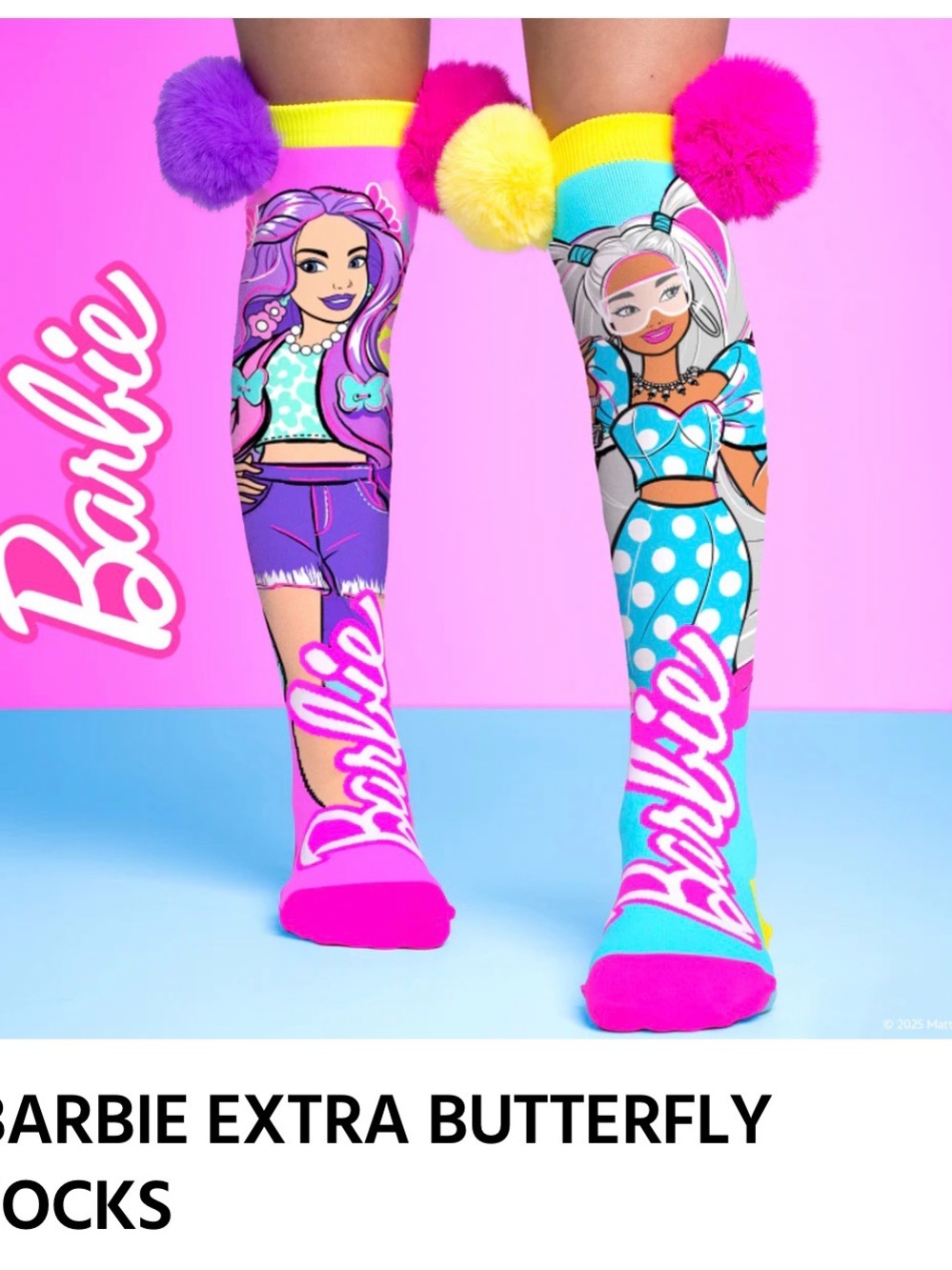MADMIA Barbie Bright Pink Purple and Aqua Knee-High Socks with Pom Poms